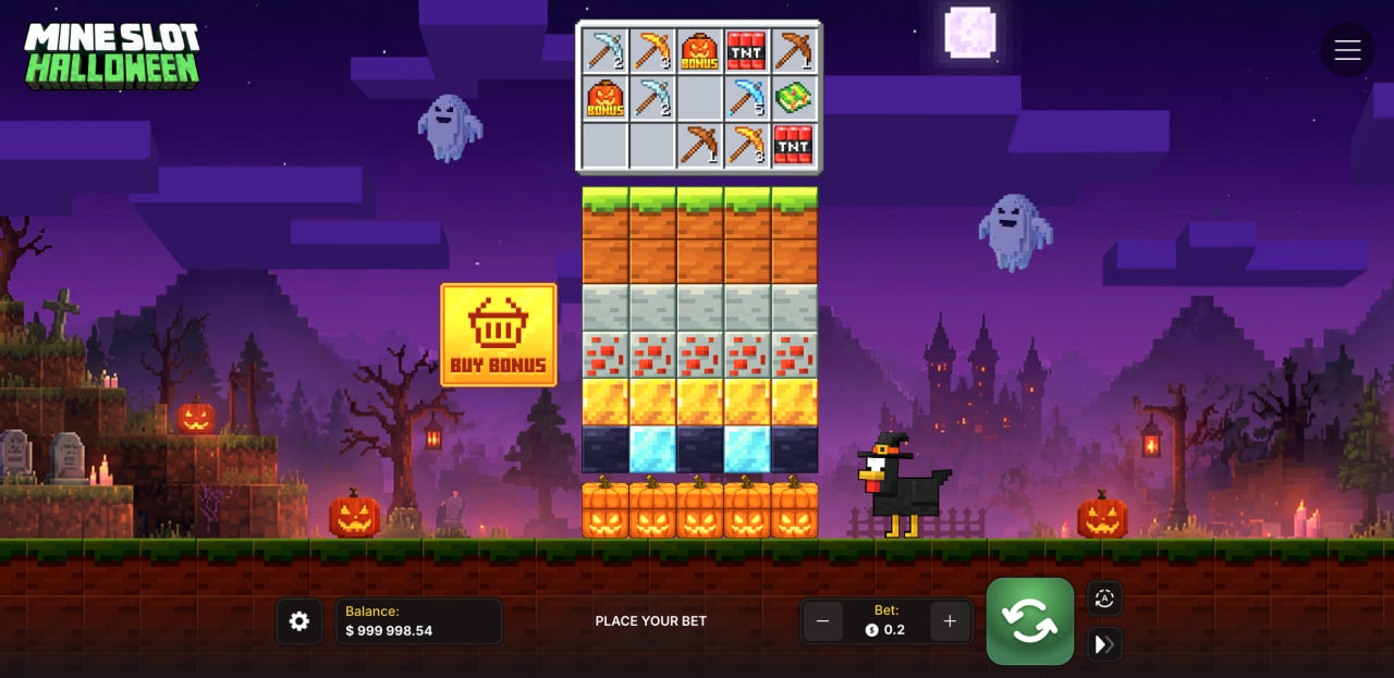 Mine Slot Halloween – kolumny bloków, panel narzędzi i przycisk Buy Bonus na ekranie gry