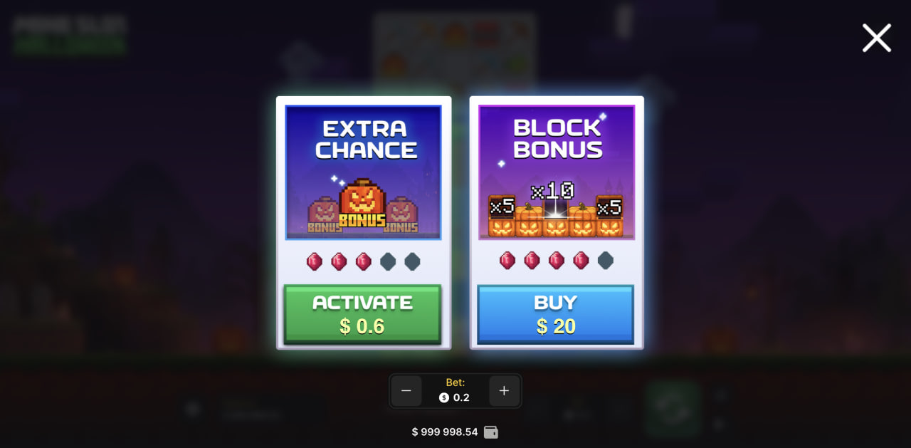 Okno z opcjami Extra Chance oraz Block Bonus w wersji desktopowej Mine Slot Halloween