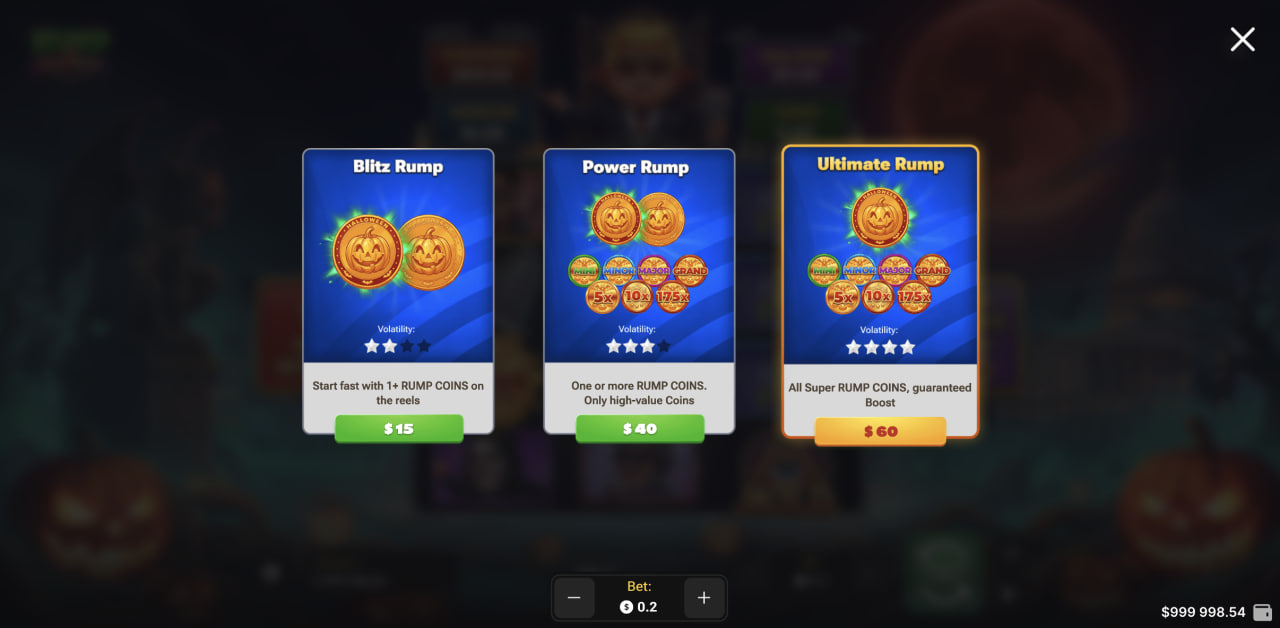 Okno Buy Bonus Rump & Halloween na komputerze z wariantami Blitz, Power i Ultimate Rump