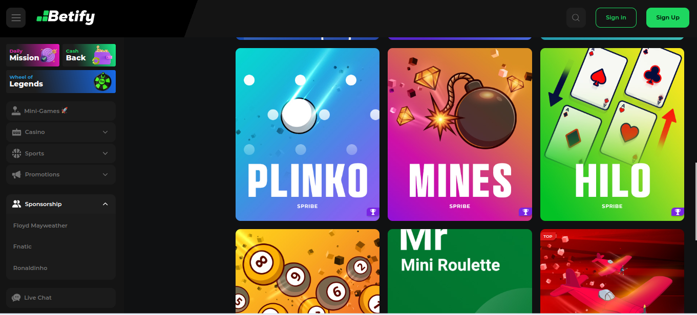 Sekcja minigier Betify z Plinko, Mines i Hilo