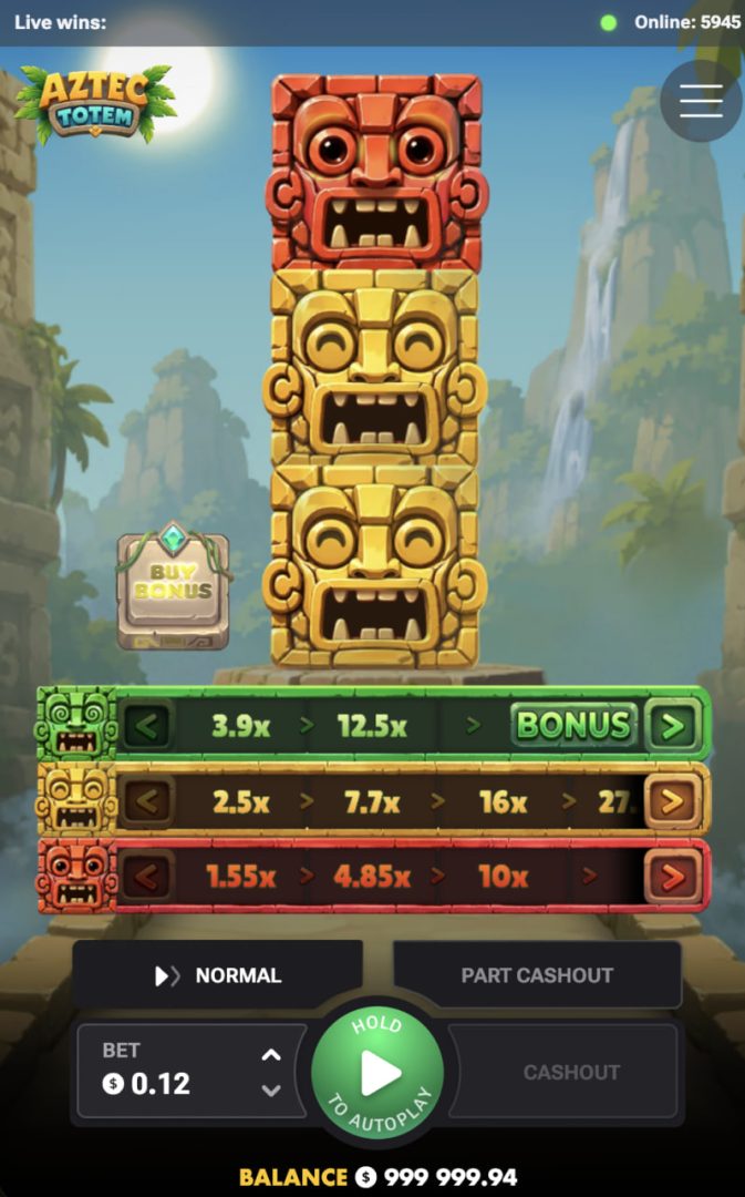 Aztec Totem w mobilnym widoku pionowym z liniami mnożników i przyciskami wypłaty