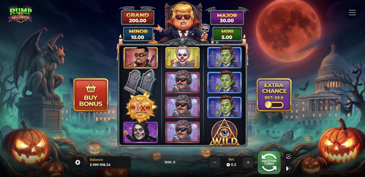 Plansza Rump & Halloween z czterema jackpotami, przełącznikiem Extra Chance i przyciskiem Buy Bonus