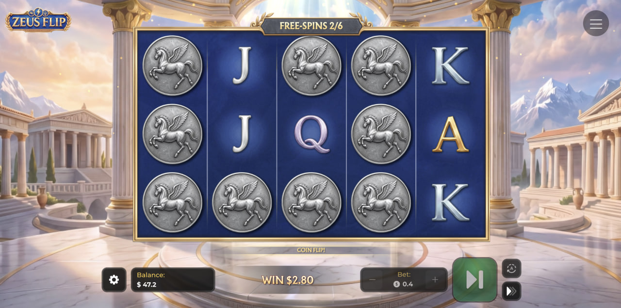 Zeus Flip w trybie Free Spins z monetami Pegaza dodawanymi przez Coin Flip