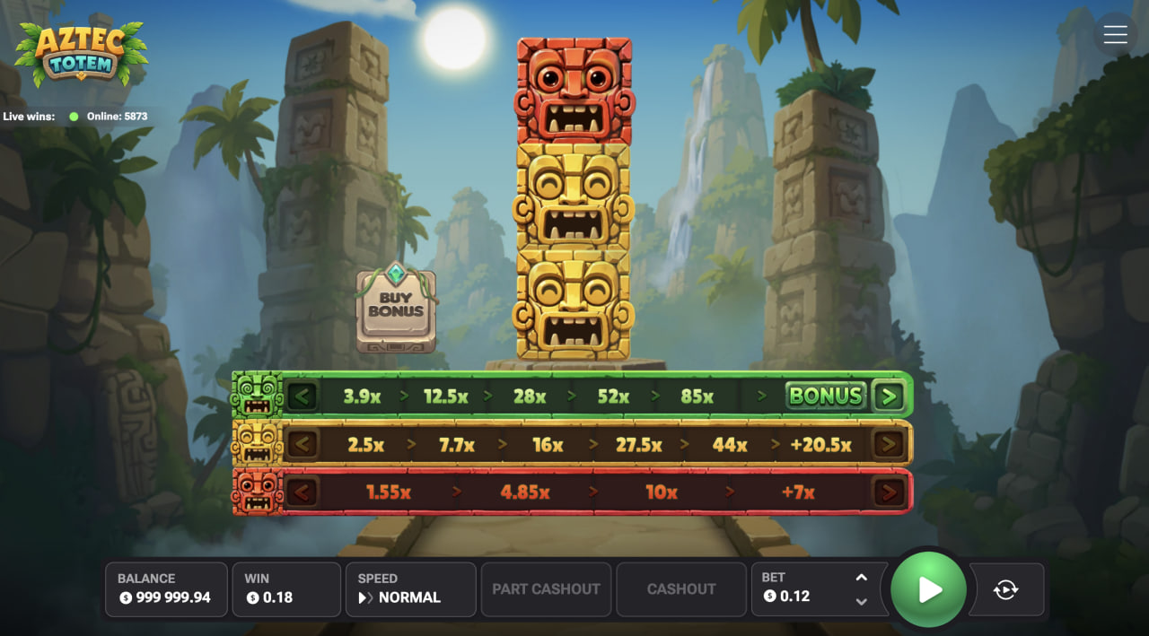 Desktopowy ekran Aztec Totem z rzeźbionym totemem oraz zieloną, żółtą i czerwoną linią mnożników